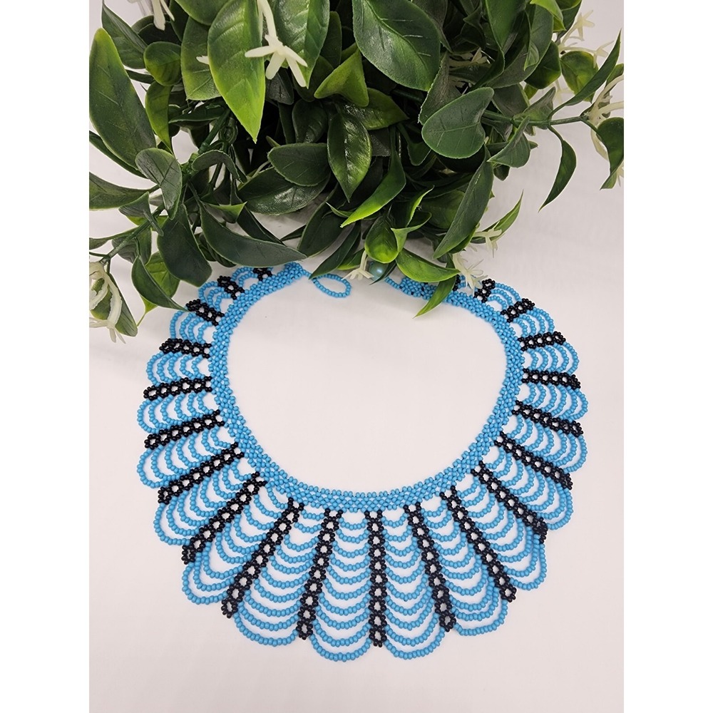 Large Zcech beaded  Necklace 15". Blue Color